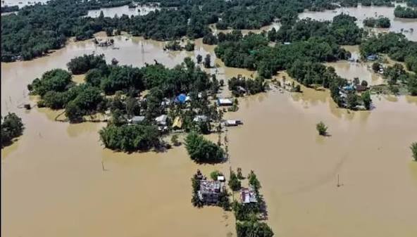 Aerial view of flooded communities in Assam